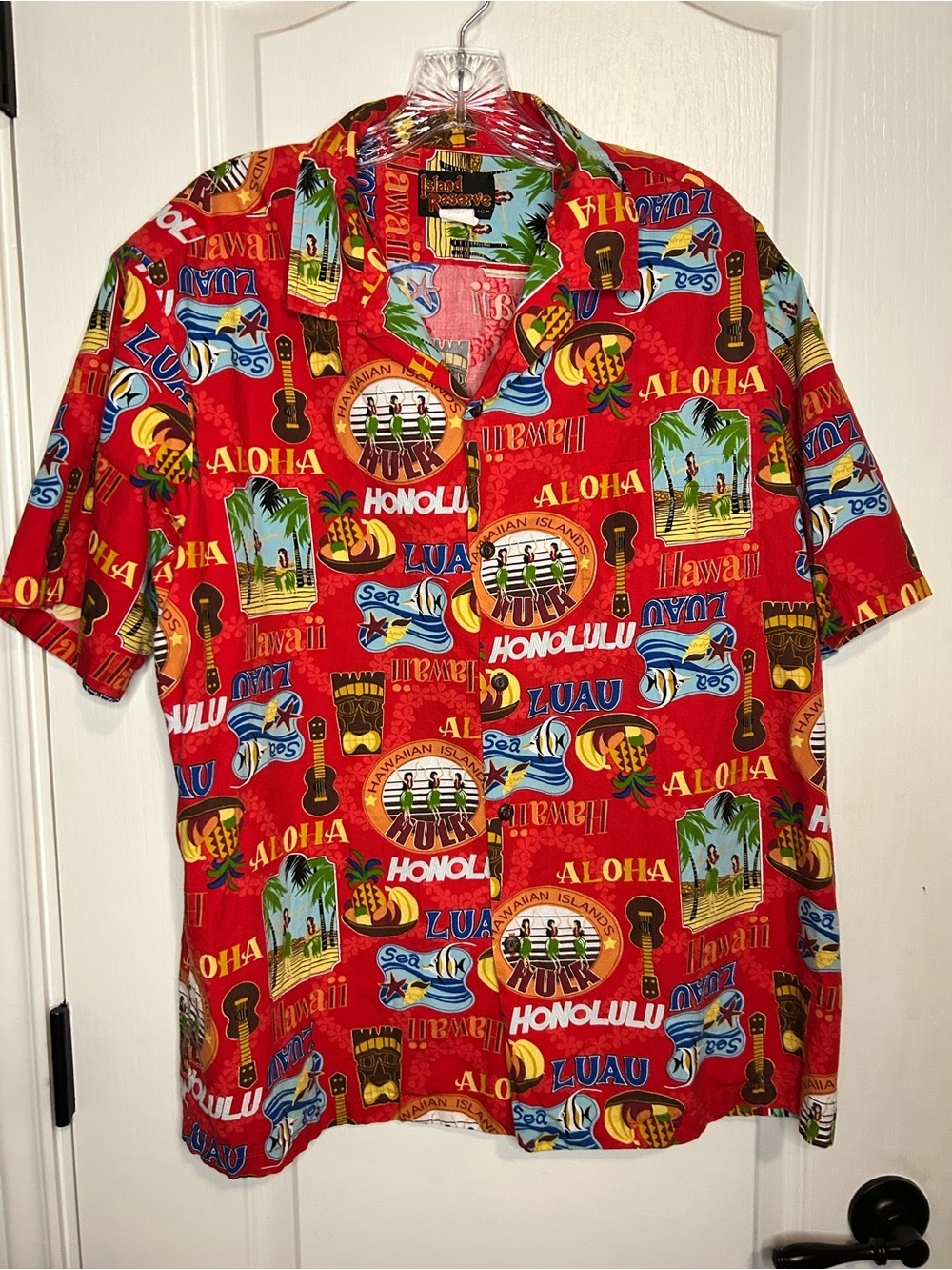 Island Reserve Red Hawaiian Aloha Shirt with Luau Graphics Large
